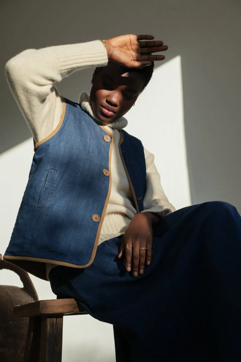 Benji Organic Cotton Denim and Corduroy Gilet in Mid Blue & Hazelnut