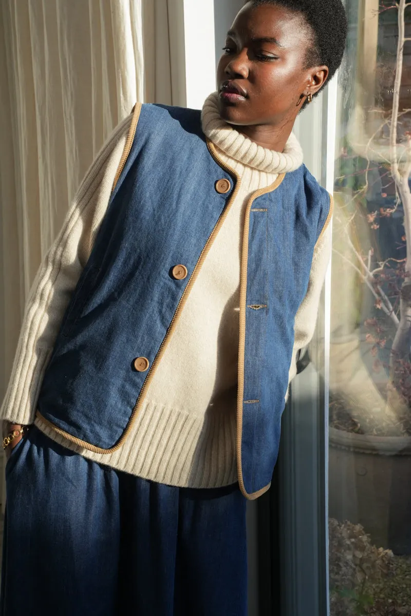 Benji Organic Cotton Denim and Corduroy Gilet in Mid Blue & Hazelnut 2