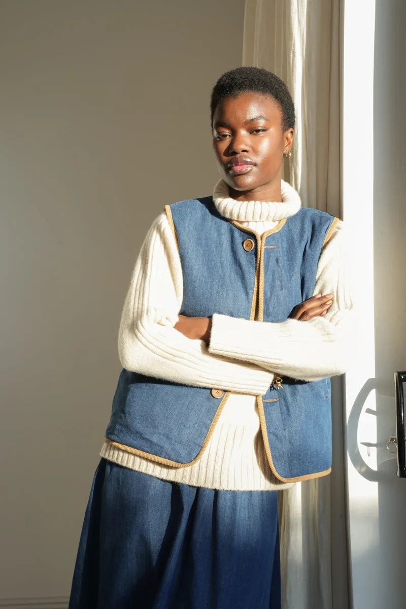 Benji Organic Cotton Denim and Corduroy Gilet in Mid Blue & Hazelnut 4