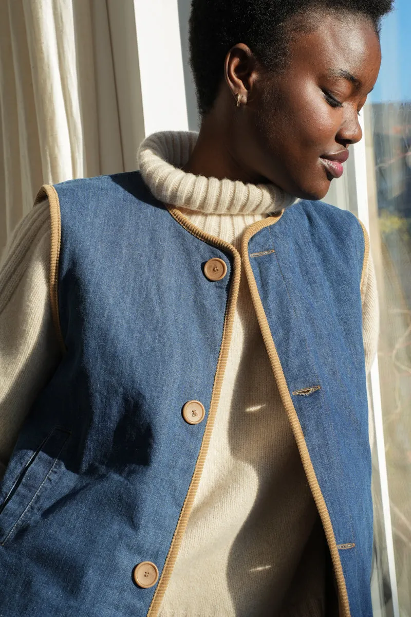 Benji Organic Cotton Denim and Corduroy Gilet in Mid Blue & Hazelnut 8