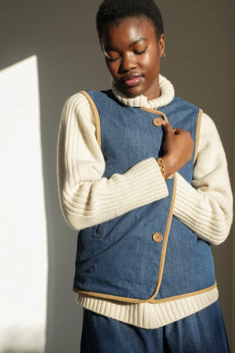 Benji Organic Cotton Denim and Corduroy Gilet in Mid Blue & Hazelnut 9