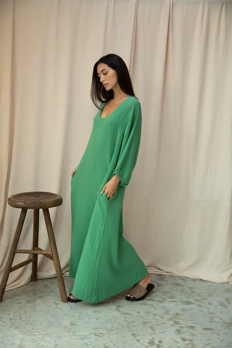 Henrietta Organic Cotton Cheesecloth Dress in Palm Green 3