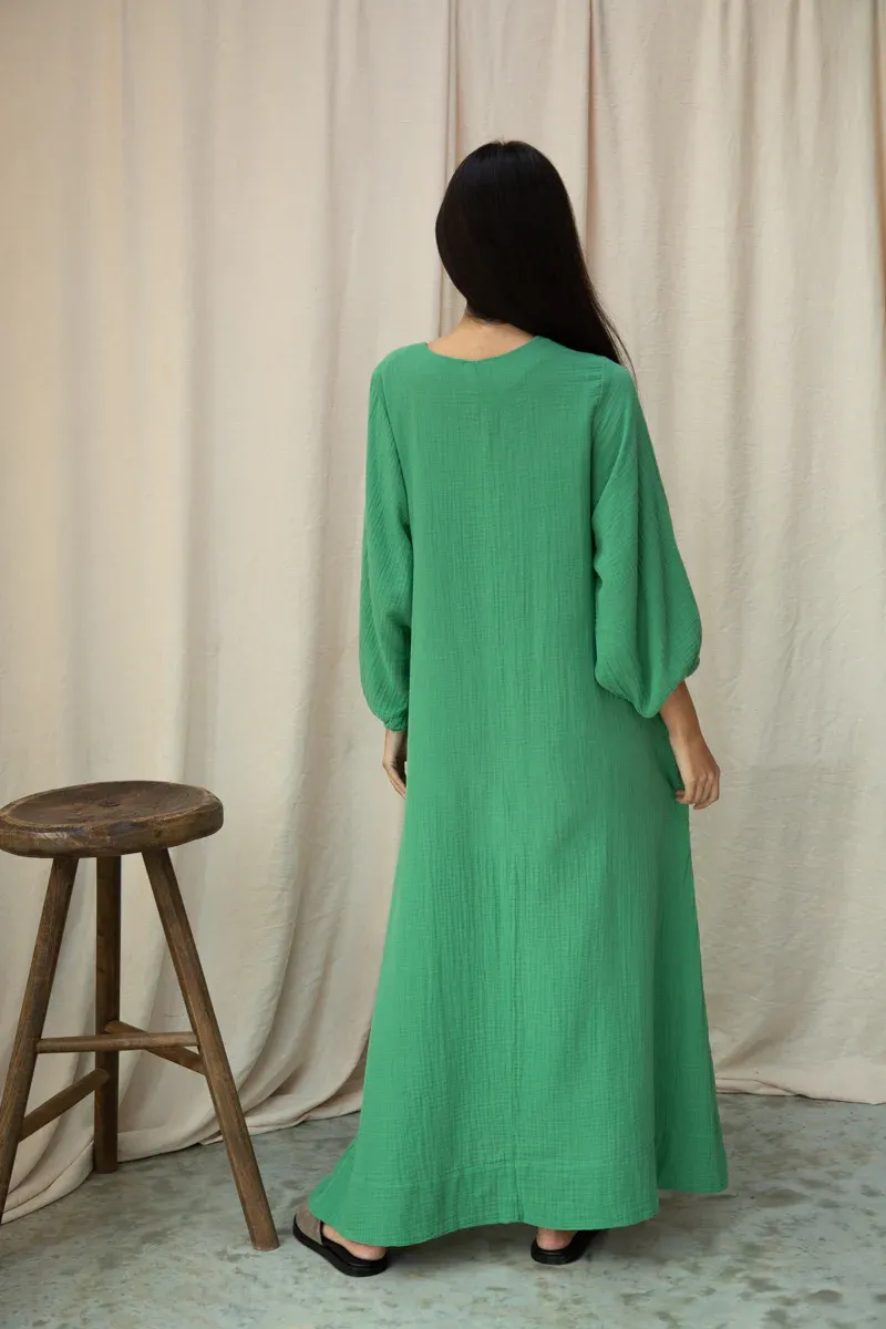 Henrietta Organic Cotton Cheesecloth Dress in Palm Green 4