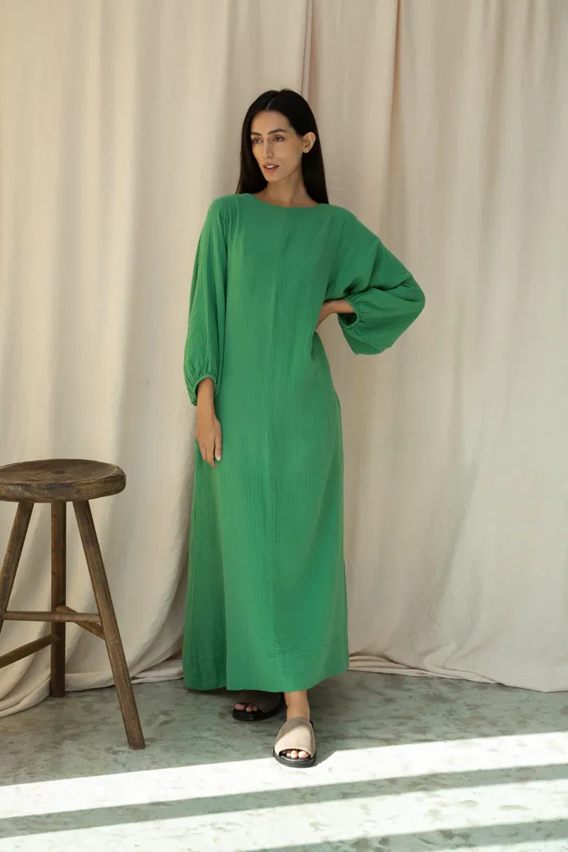 Henrietta Organic Cotton Cheesecloth Dress in Palm Green 6