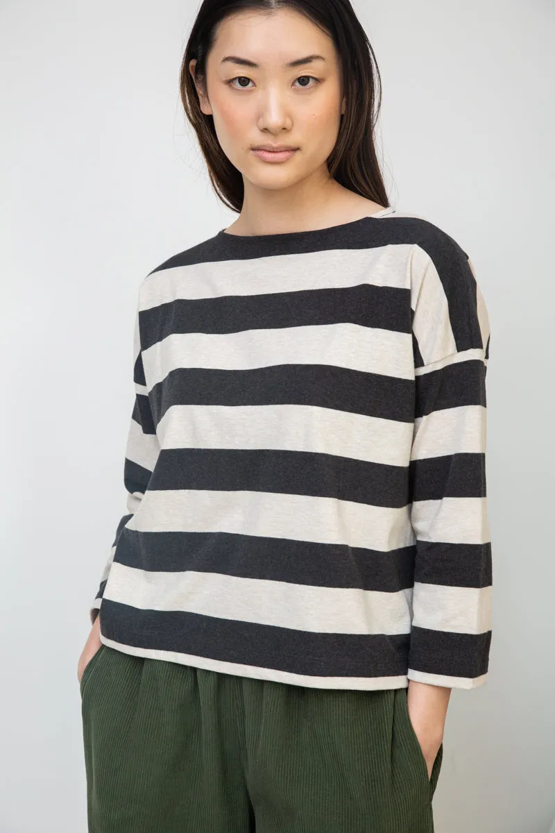 Leia-Sue Organic Cotton Stripe Jersey Top in Charcoal & Ecru Marl Stripe 2