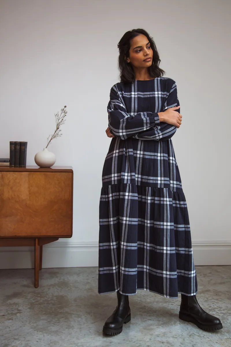 Mirabelle-Kay Organic Cotton Dress in Navy Check XS Preloved 2