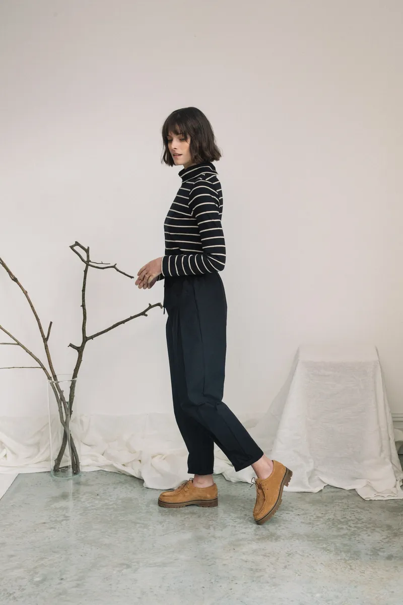 Pine-Sue Organic Cotton Stripe Jersey Top in Black and Sand 2