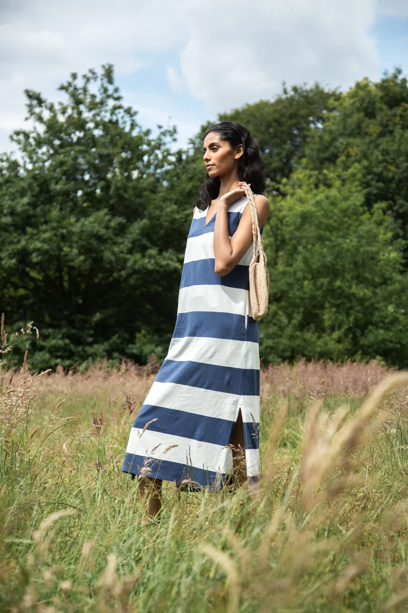 Riva-Sue Organic Cotton Dress in Midnight and White Bold Stripe 2