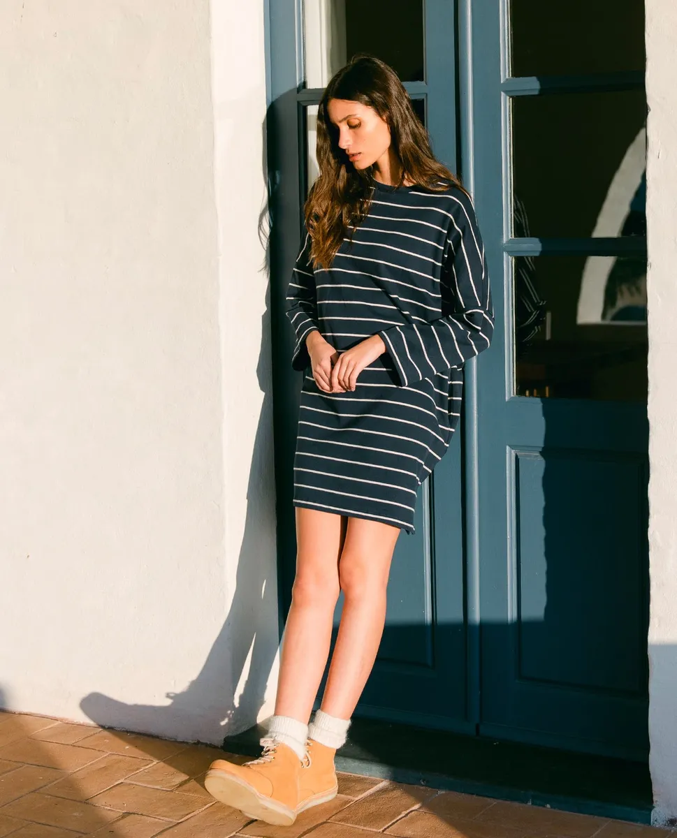 Sarasi-Sue Organic Cotton Dress In Navy & Beige 2