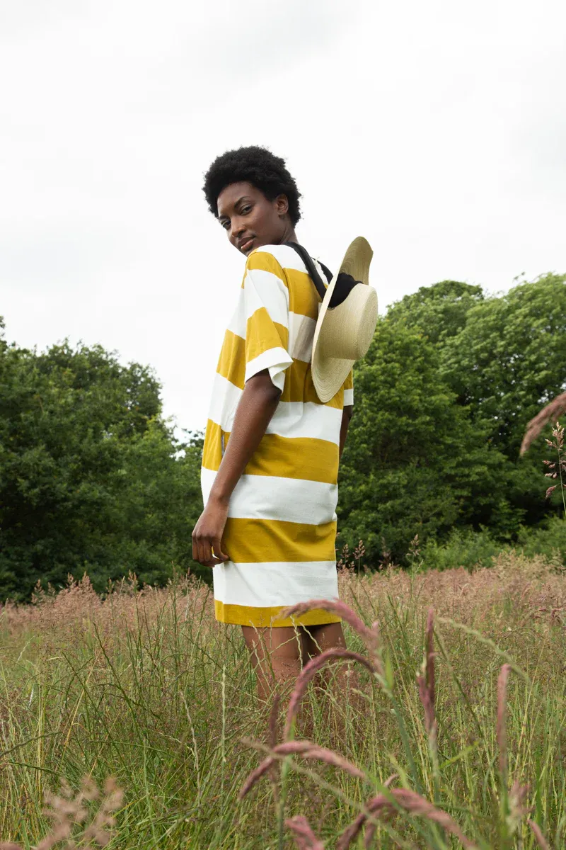 Sasha-Sue Organic Cotton Dress in Olive and White Bold Stripe 2
