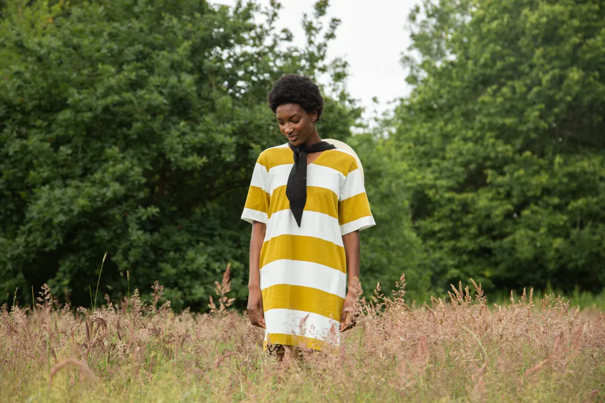 Sasha-Sue Organic Cotton Dress in Olive and White Bold Stripe 3