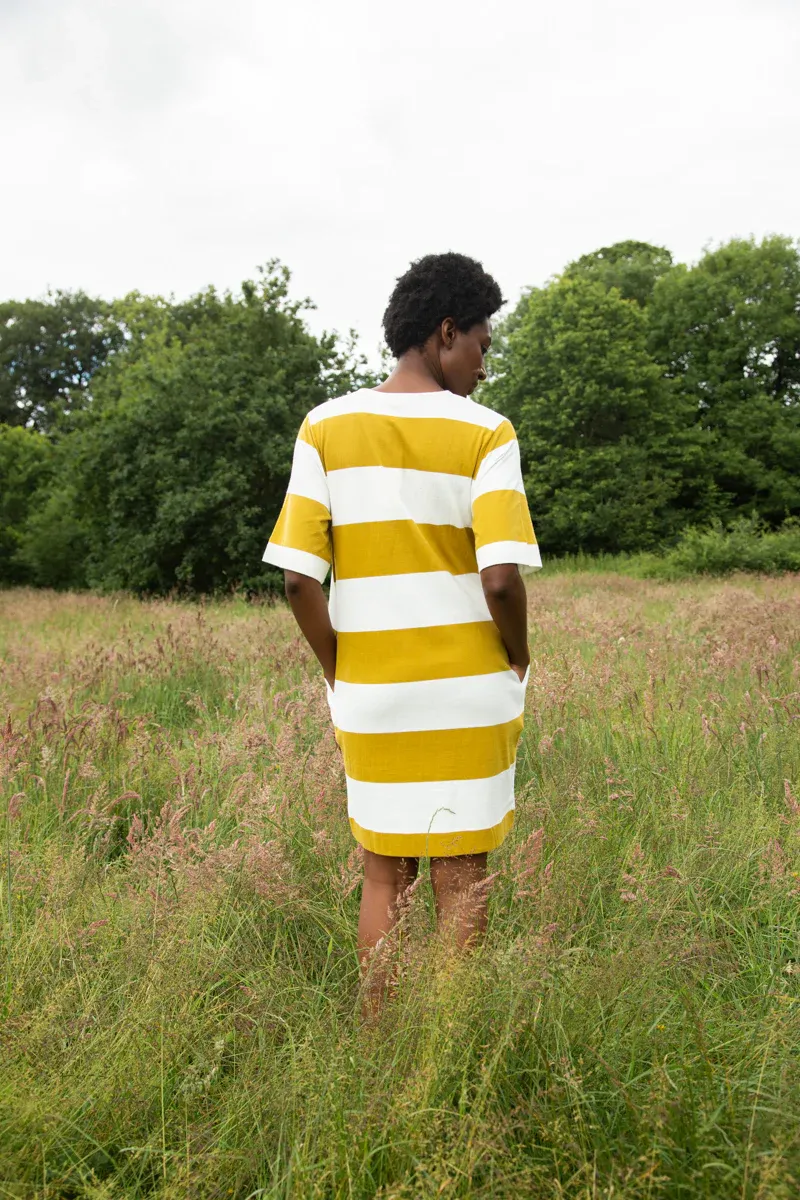 Sasha-Sue Organic Cotton Dress in Olive and White Bold Stripe 5