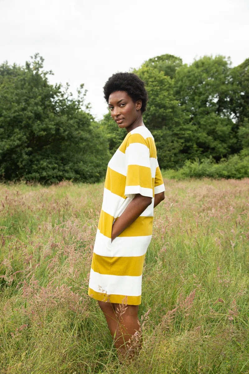 Sasha-Sue Organic Cotton Dress in Olive and White Bold Stripe 6