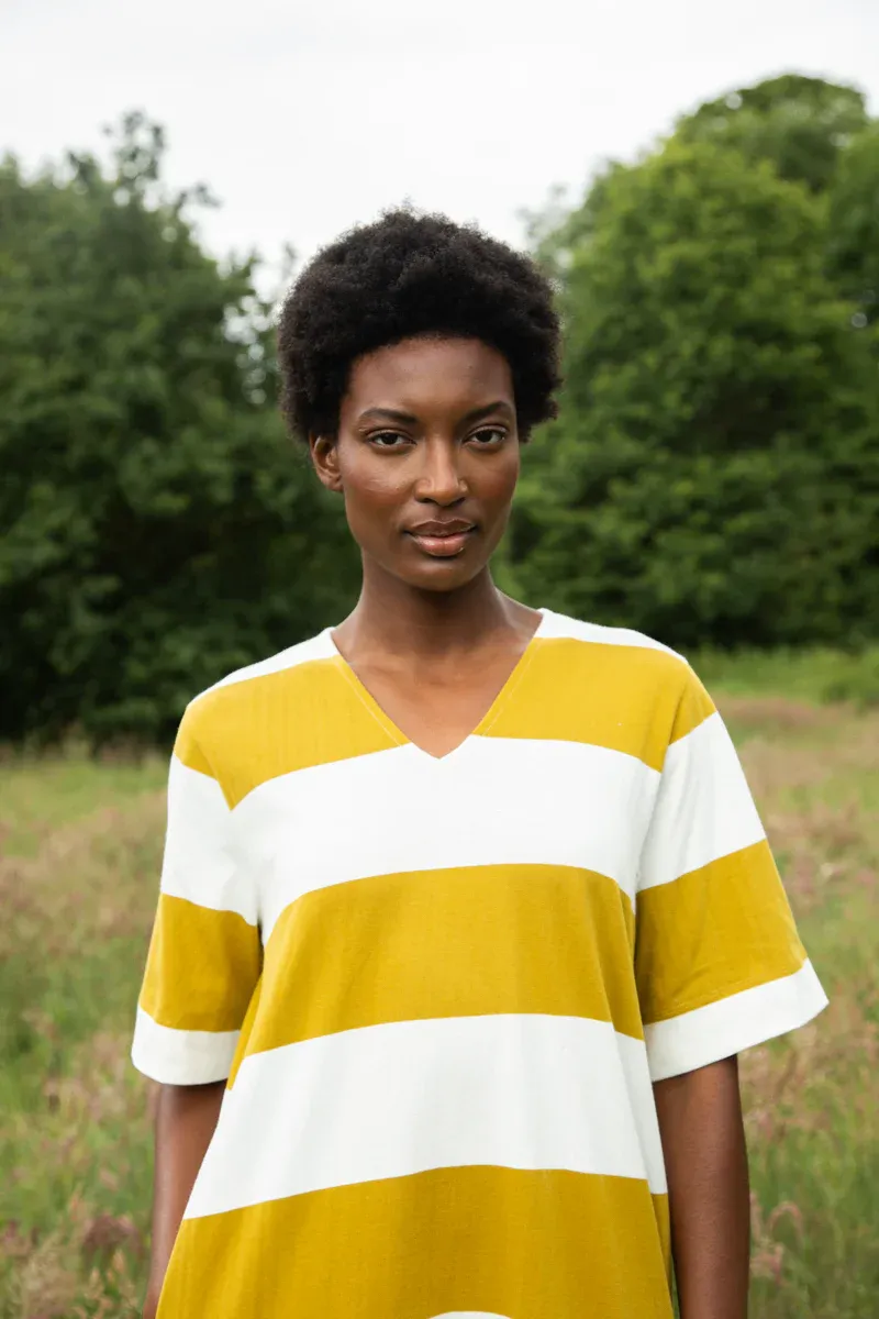 Sasha-Sue Organic Cotton Dress in Olive and White Bold Stripe 7