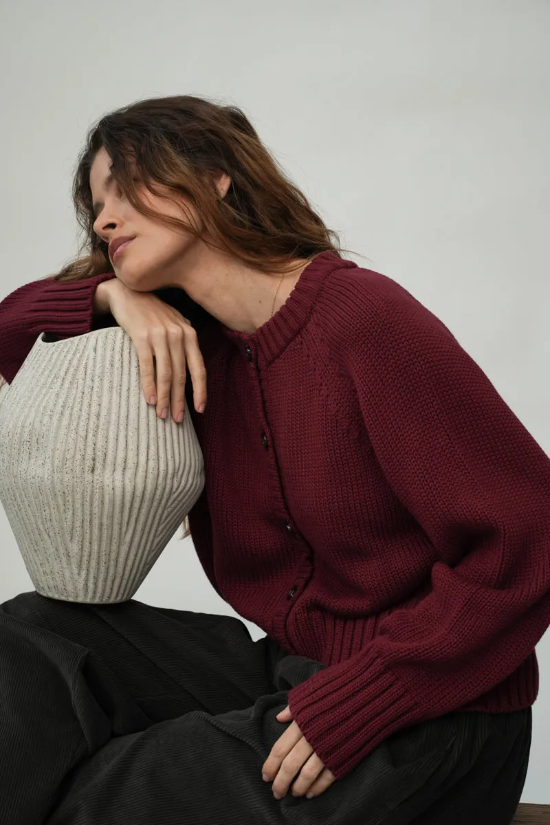 Sian Organic Cotton Knitted Cardigan in Bordeaux 2