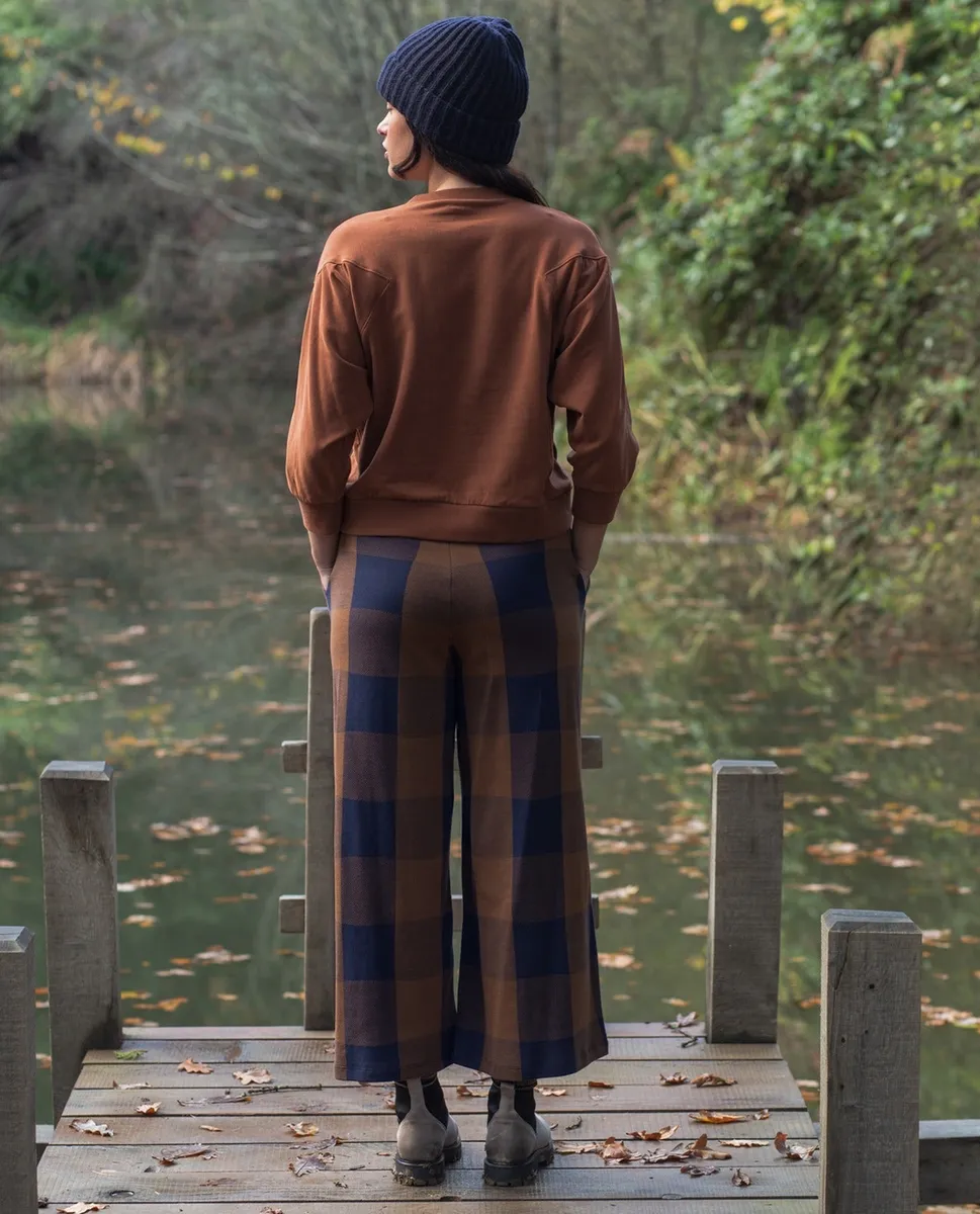 Thorne-Cay Organic Cotton Knitted Check Trouser in Walnut and Night Sky Check 2