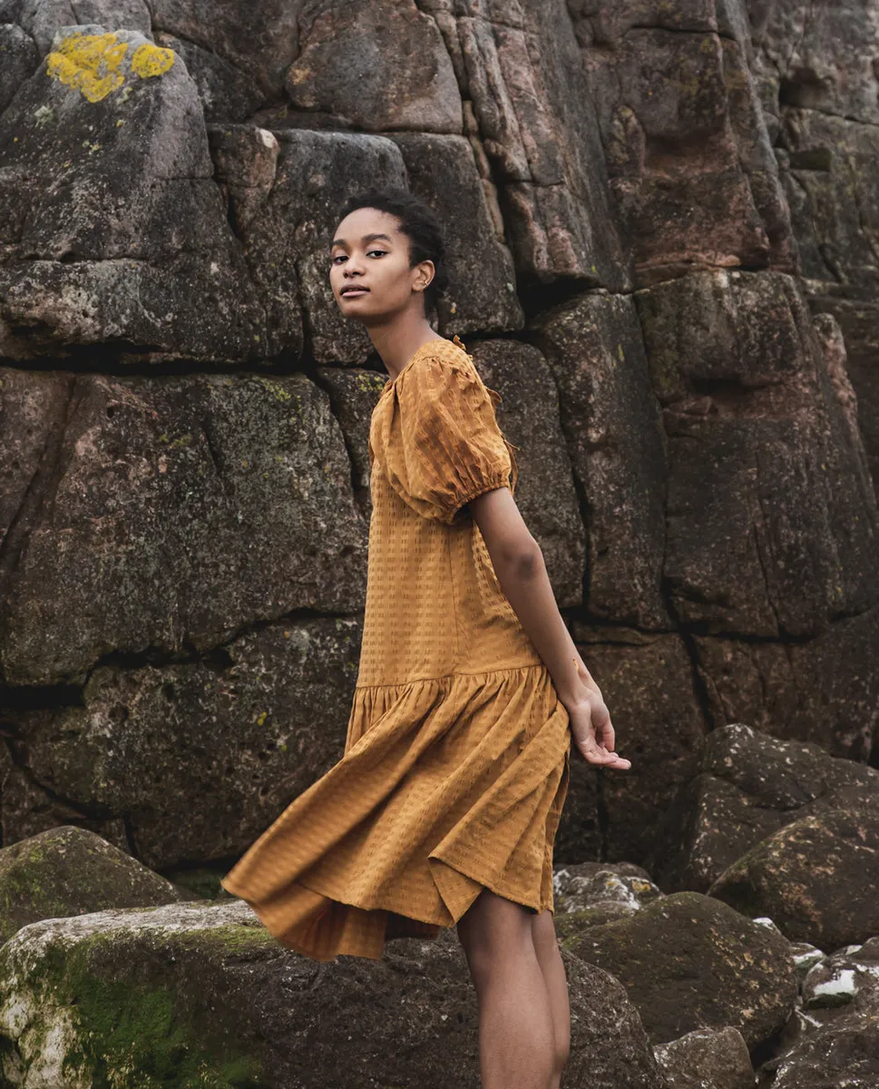 Valene Cotton Seersucker Dress In Burnt Ochre 4