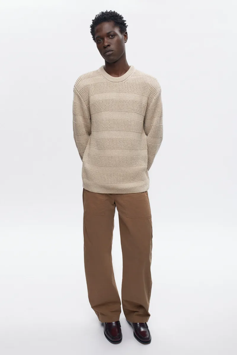 Men's Grid Stitch Crewneck Sweater in Oat Melange 2