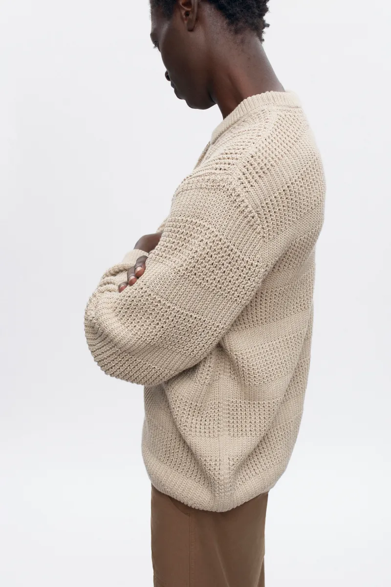 Men's Grid Stitch Crewneck Sweater in Oat Melange 3