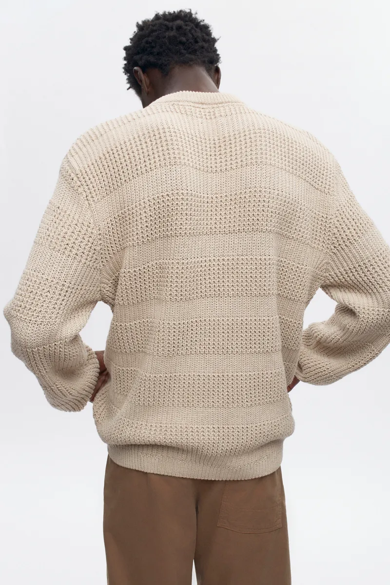 Men's Grid Stitch Crewneck Sweater in Oat Melange 4