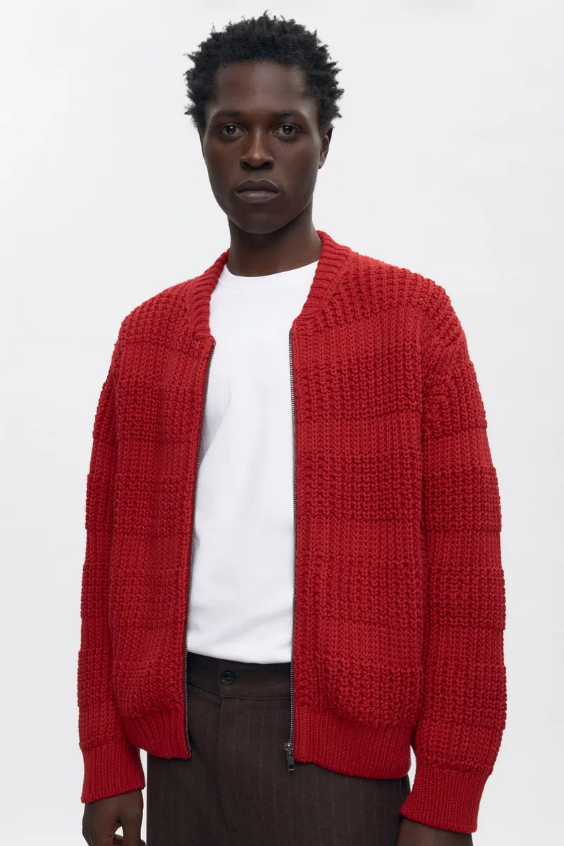 Men's Grid Stitch Zip Sweater in Sunstar Red