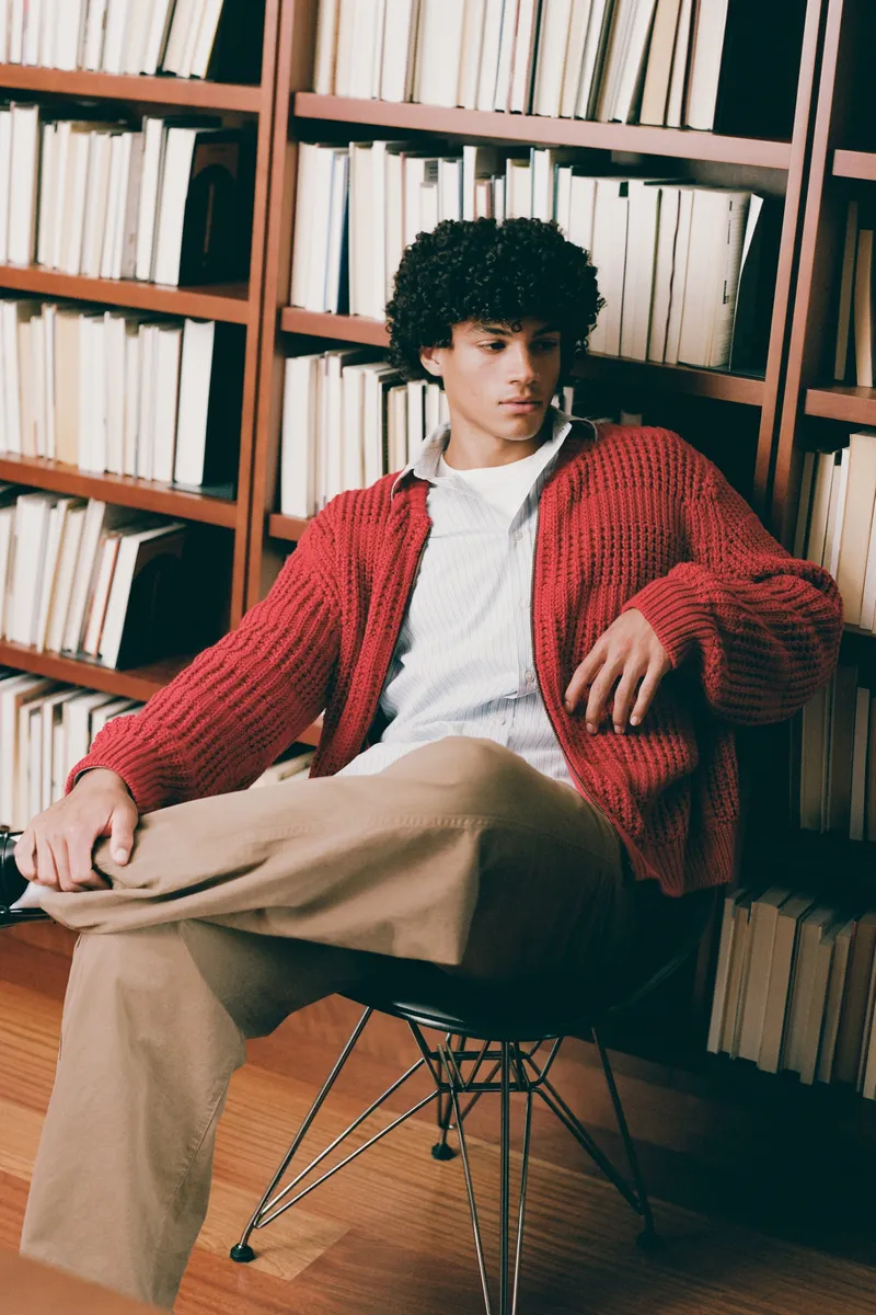 Men's Grid Stitch Zip Sweater in Sunstar Red 2