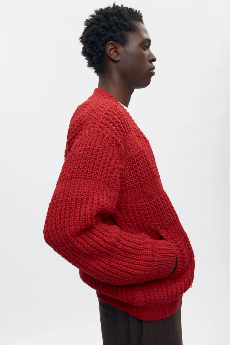 Men's Grid Stitch Zip Sweater in Sunstar Red 4