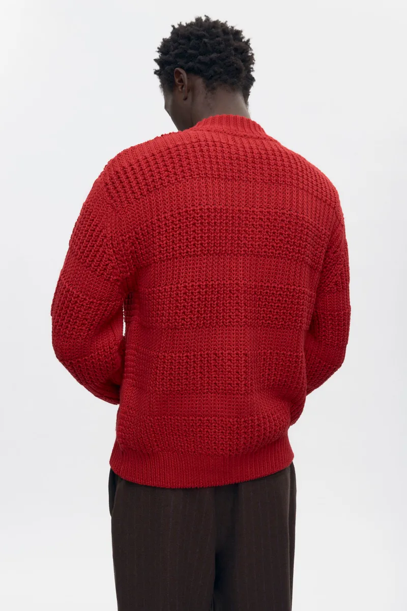 Men's Grid Stitch Zip Sweater in Sunstar Red 5
