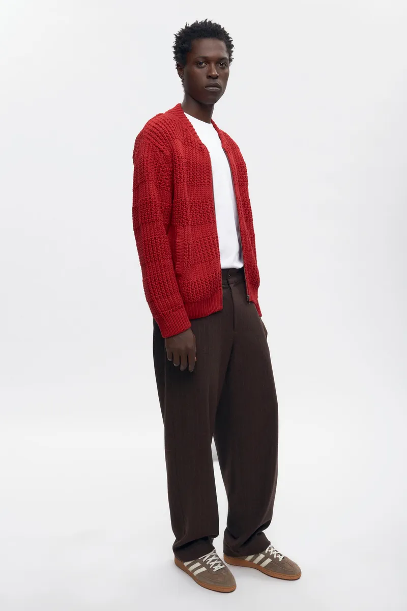 Men's Grid Stitch Zip Sweater in Sunstar Red 6