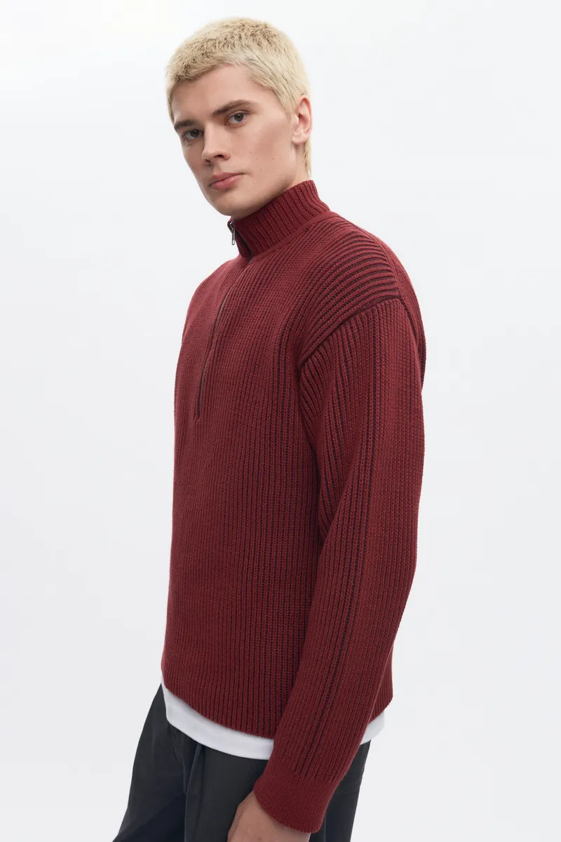Men's Half Zip Rib Sweater in Coffee Bean/Burgundy 3