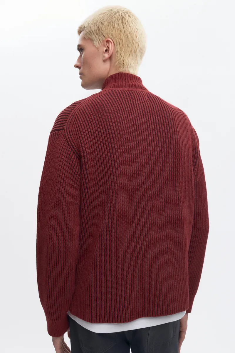 Men's Half Zip Rib Sweater in Coffee Bean/Burgundy 4