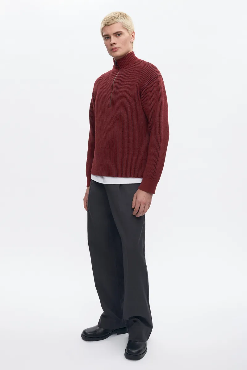 Men's Half Zip Rib Sweater in Coffee Bean/Burgundy 5