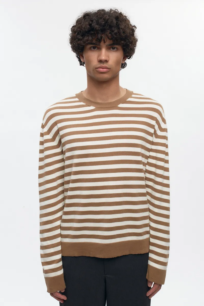 Men's Lightweight Crewneck Sweater in Otter/Marshmallow Stripe