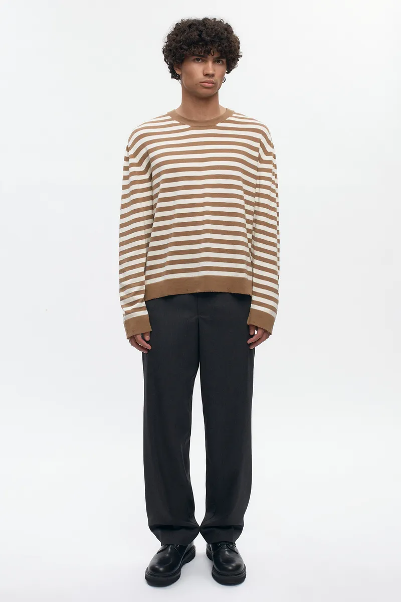 Men's Lightweight Crewneck Sweater in Otter/Marshmallow Stripe 3