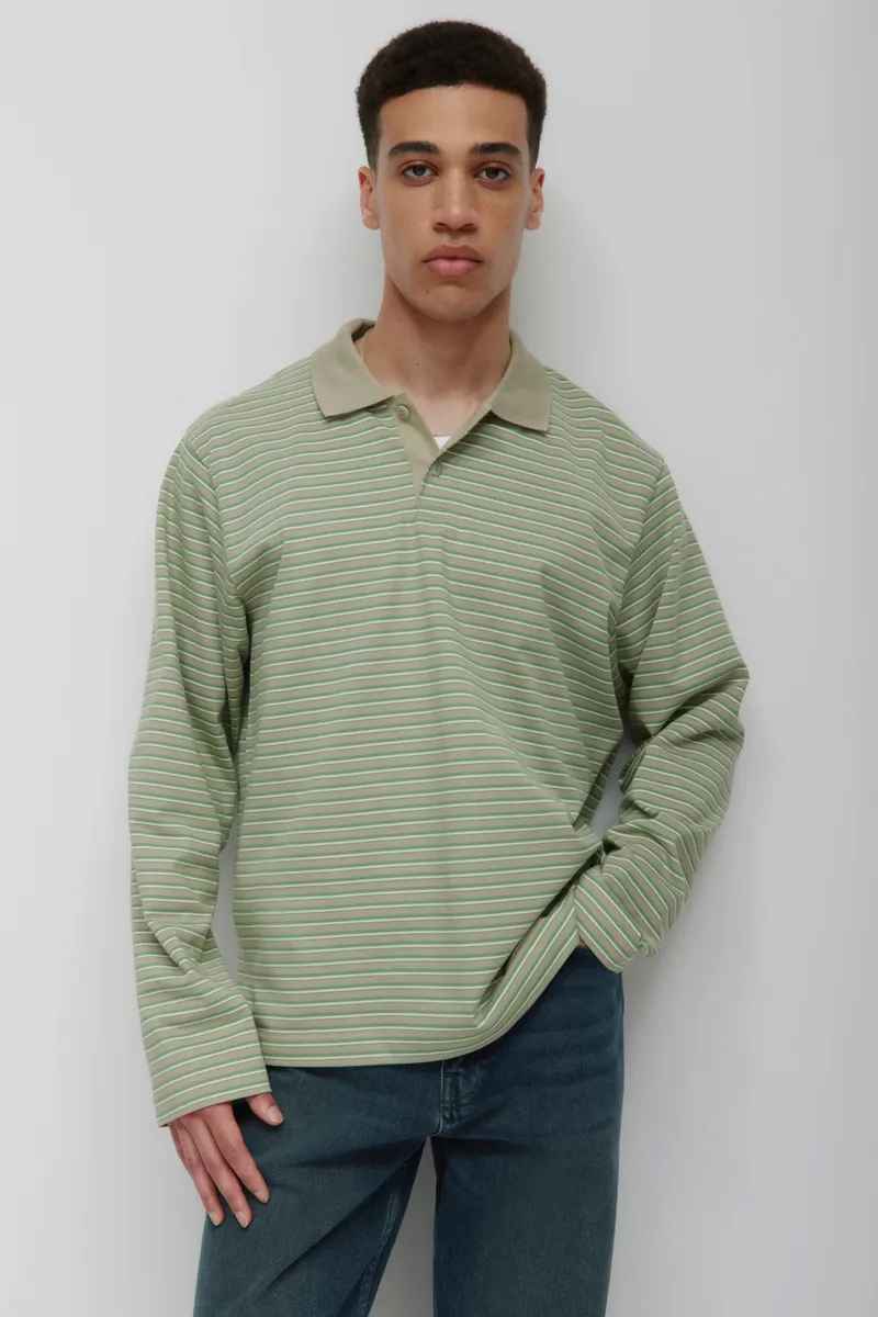 Men's Midweight Longsleeve Polo in Dune Grass/Retro Green/Natural Stripe