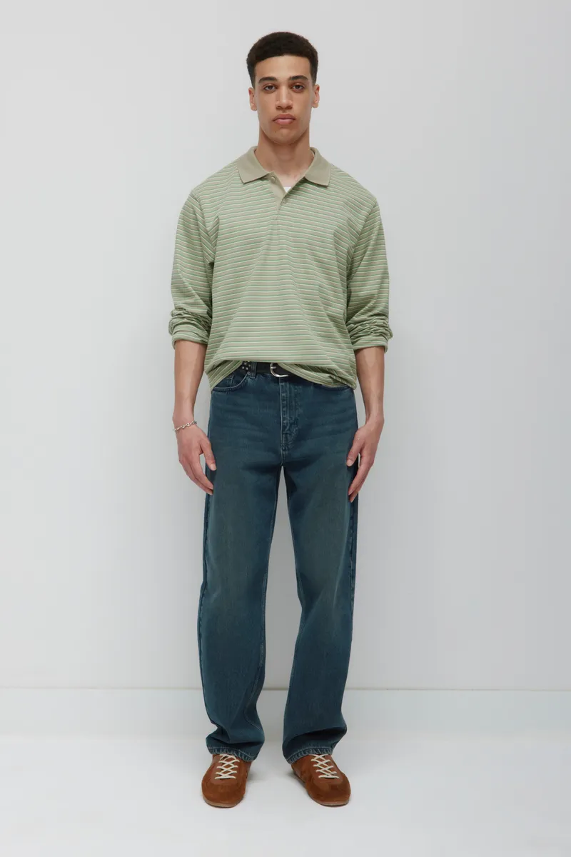 Men's Midweight Longsleeve Polo in Dune Grass/Retro Green/Natural Stripe 2