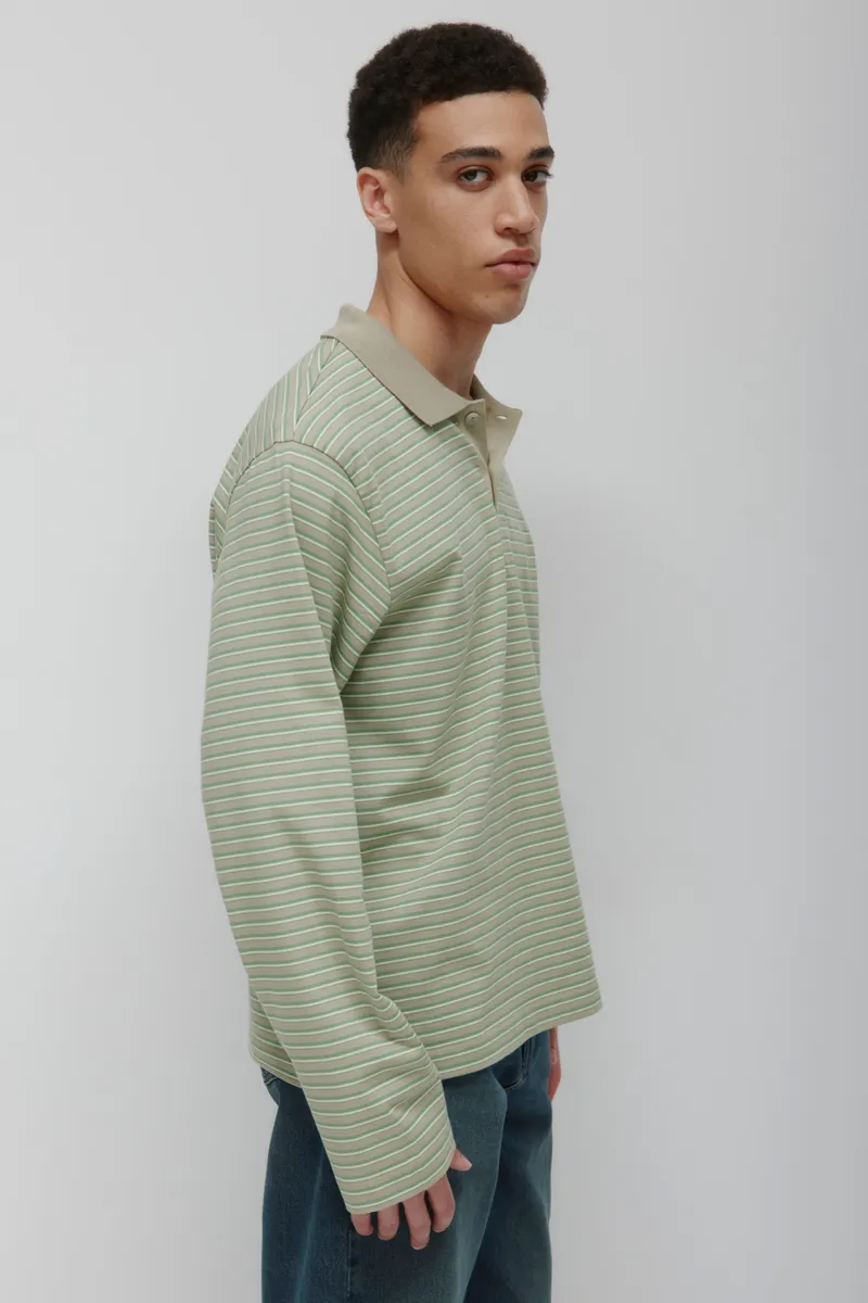 Men's Midweight Longsleeve Polo in Dune Grass/Retro Green/Natural Stripe 3