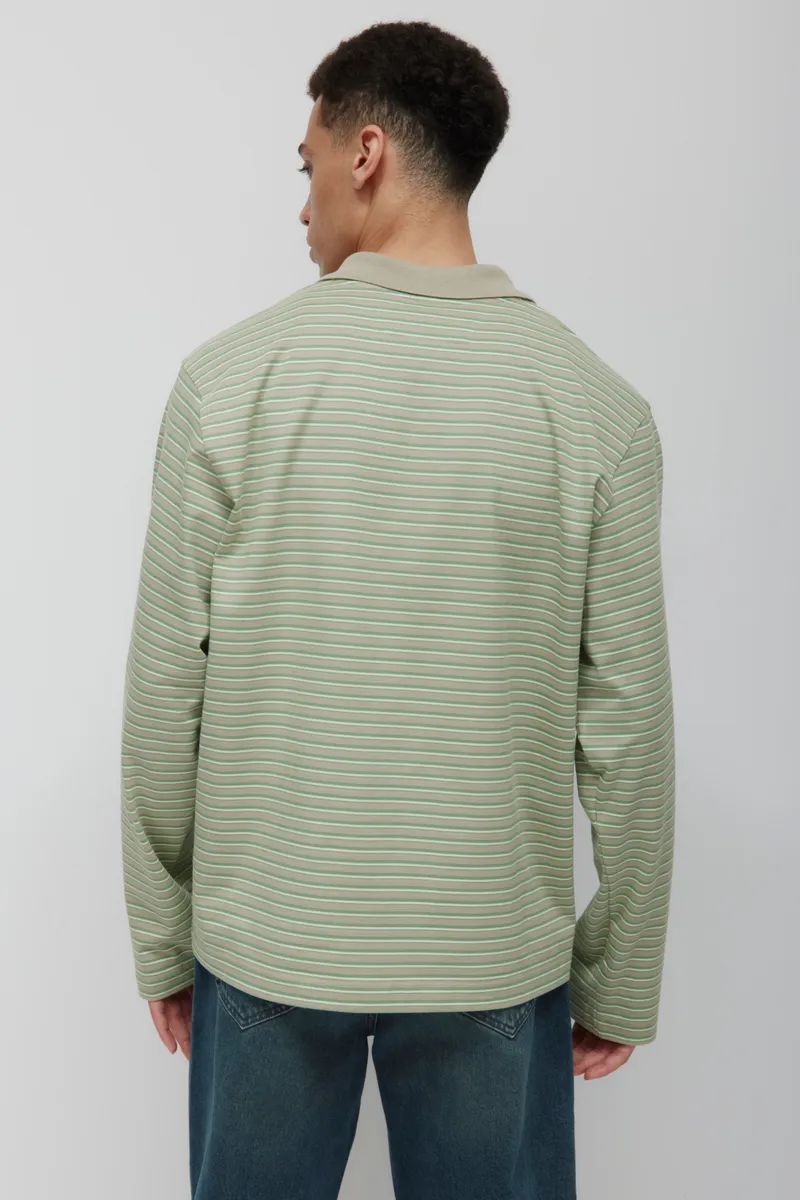 Men's Midweight Longsleeve Polo in Dune Grass/Retro Green/Natural Stripe 4