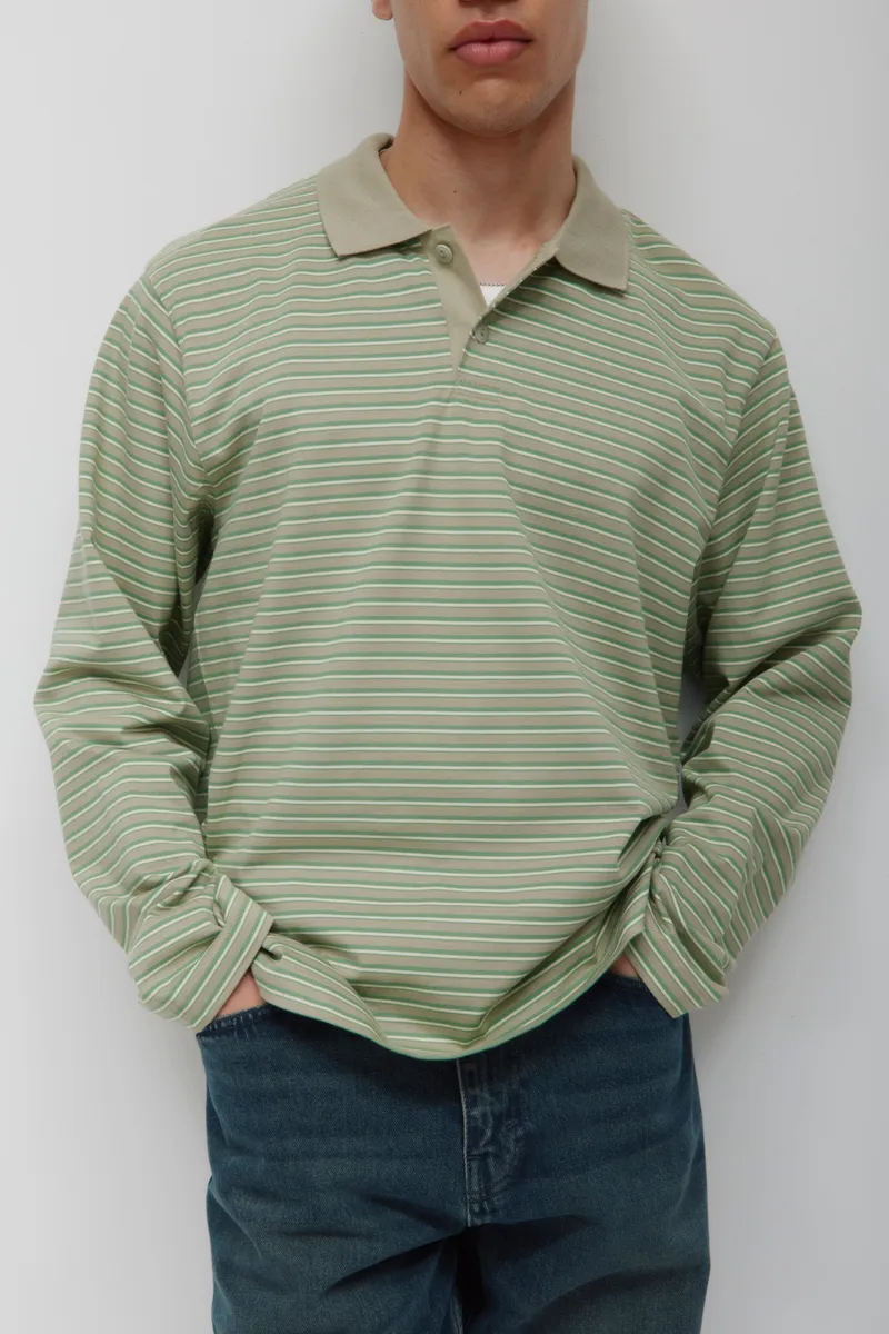 Men's Midweight Longsleeve Polo in Dune Grass/Retro Green/Natural Stripe 5
