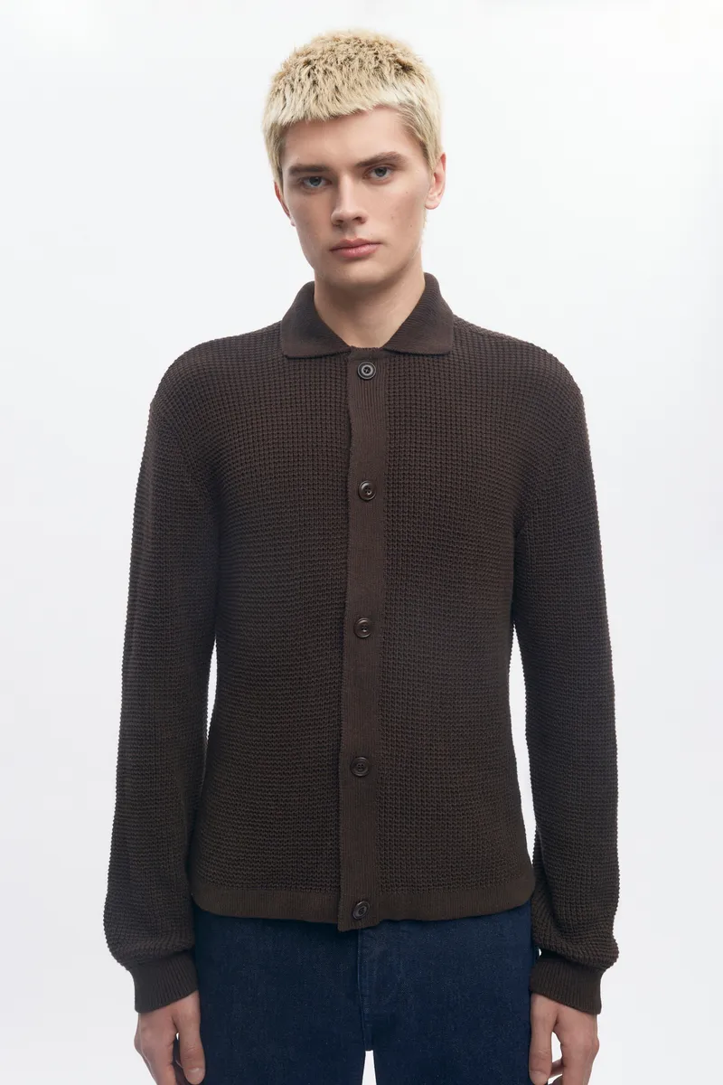 Men's Open Knit Shirt in Coffee Bean Melange
