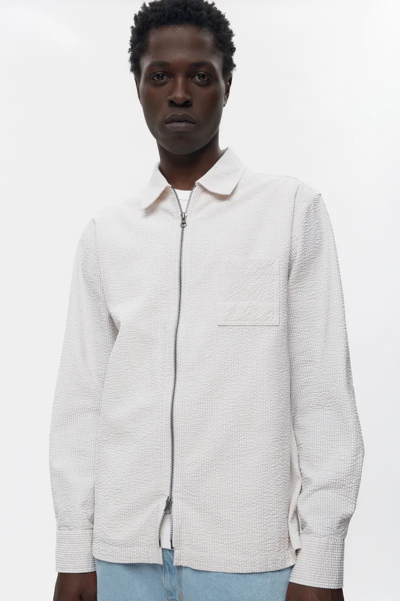 Men's Seersucker Full Zip Shirt in Fog/White