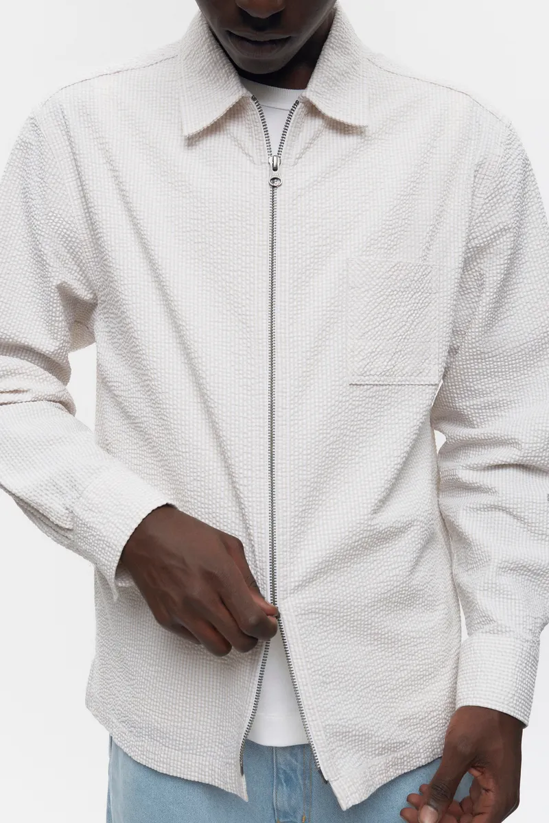 Men's Seersucker Full Zip Shirt in Fog/White 4