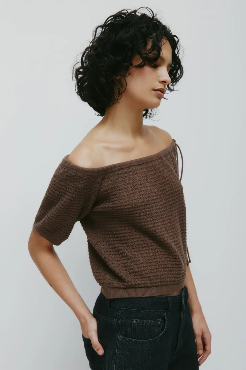 Women's Acacia Tie Boatneck Tee in Bark 3