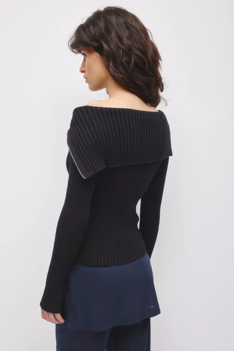 Women's Asymmetric Foldover Sweater in Black 4