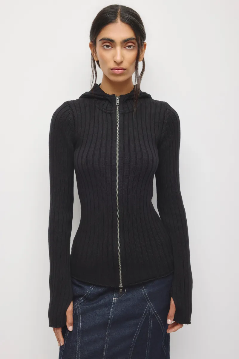 Women's Rib Full Zip Elongated Hoodie in Black