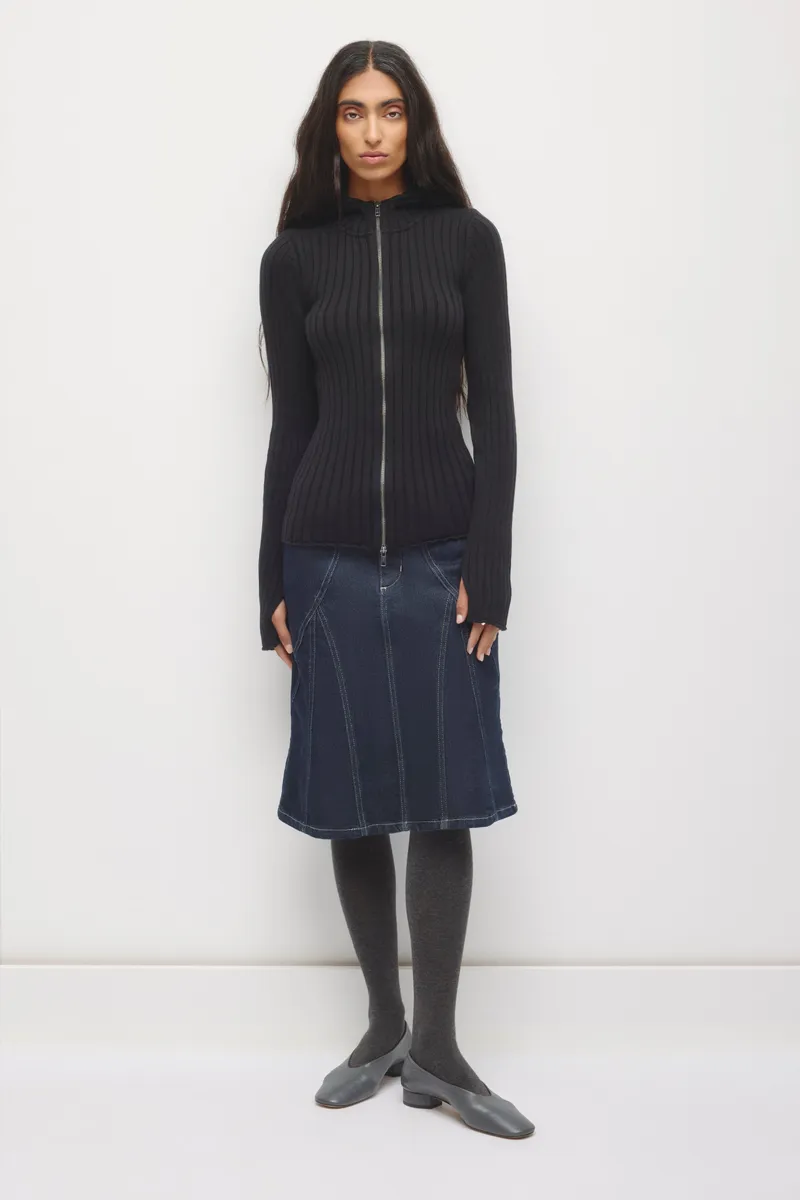 Women's Rib Full Zip Elongated Hoodie in Black 2