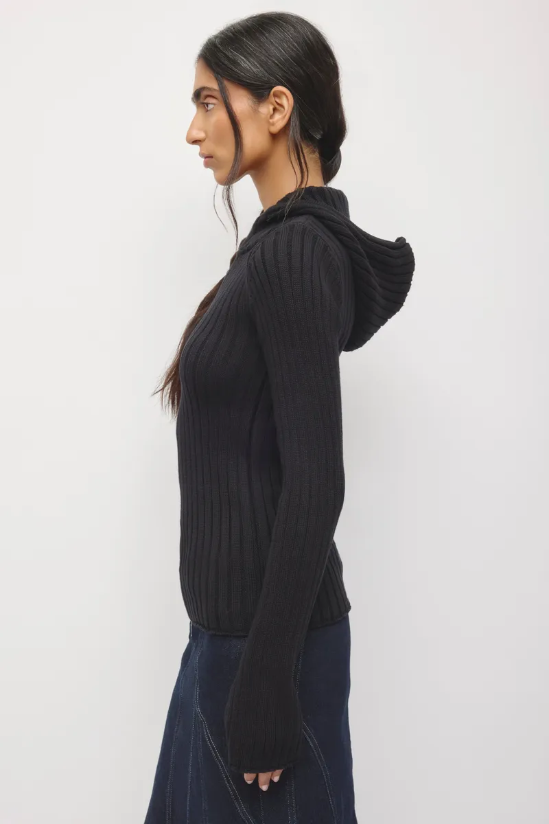 Women's Rib Full Zip Elongated Hoodie in Black 3