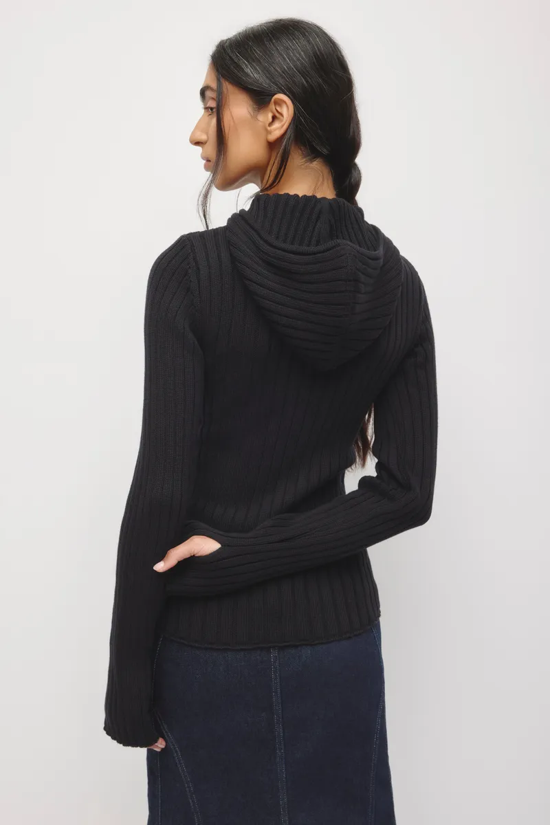 Women's Rib Full Zip Elongated Hoodie in Black 4