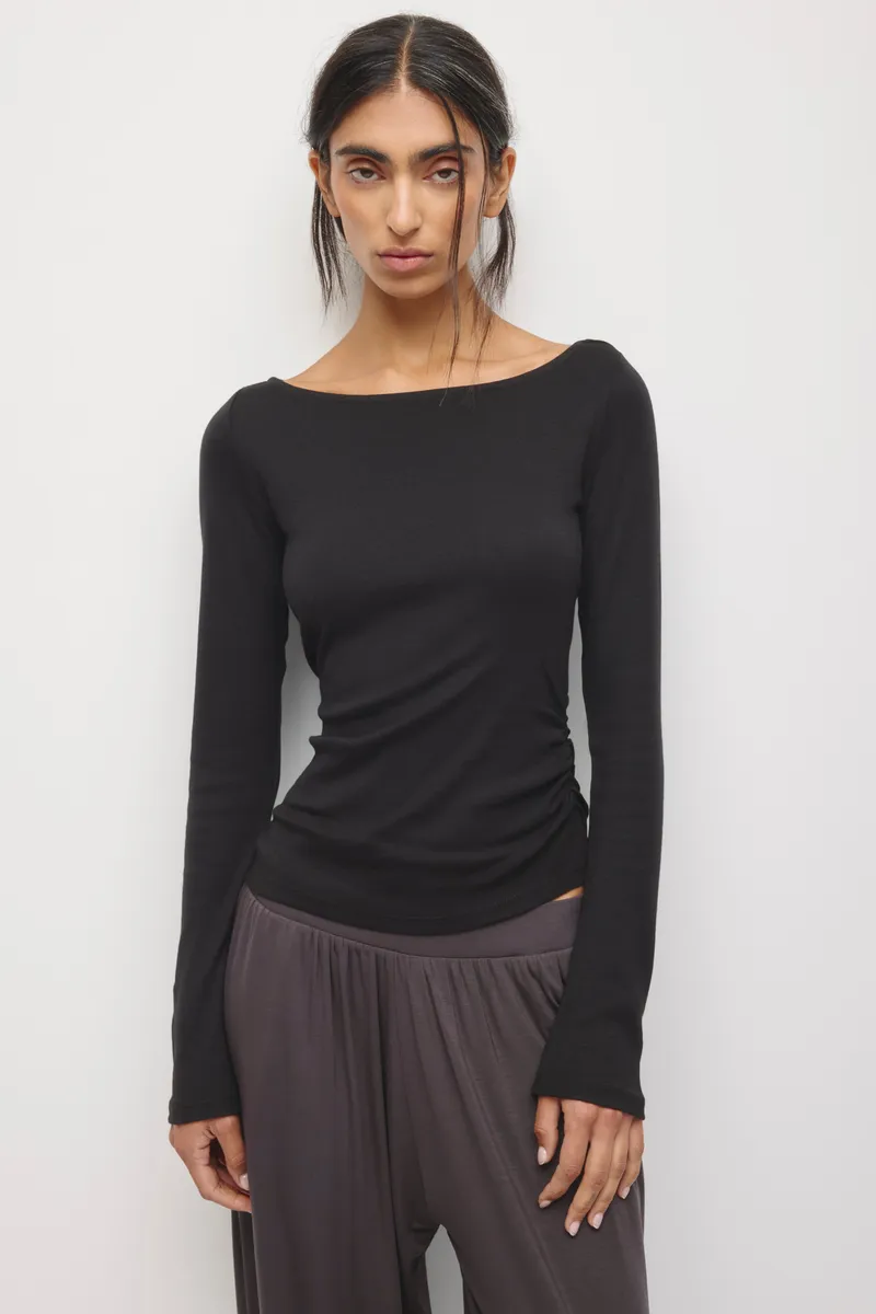 Women's Ruched Boatneck Top in Black