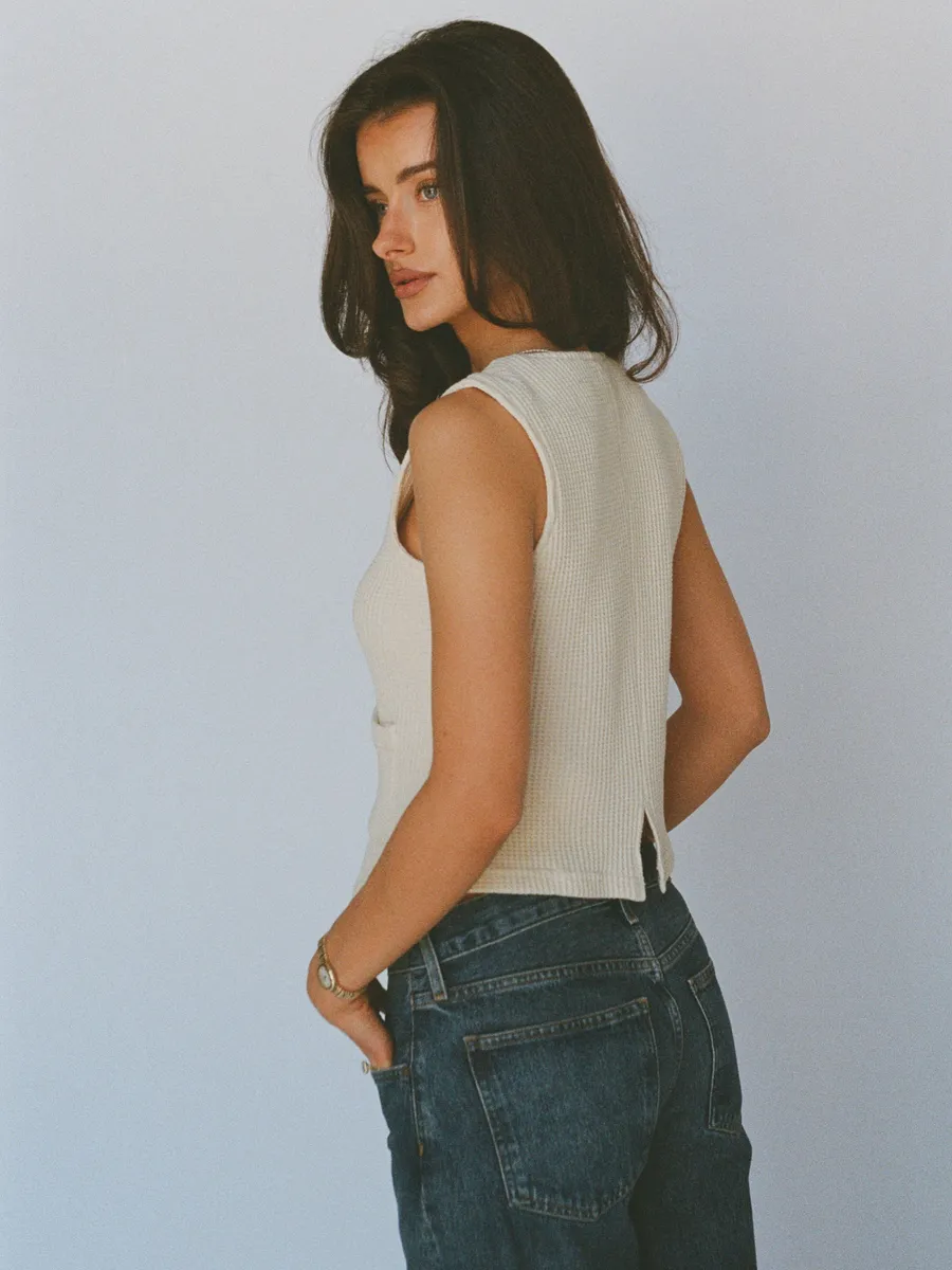 100% organic cotton waffle vest - butter yellow 2